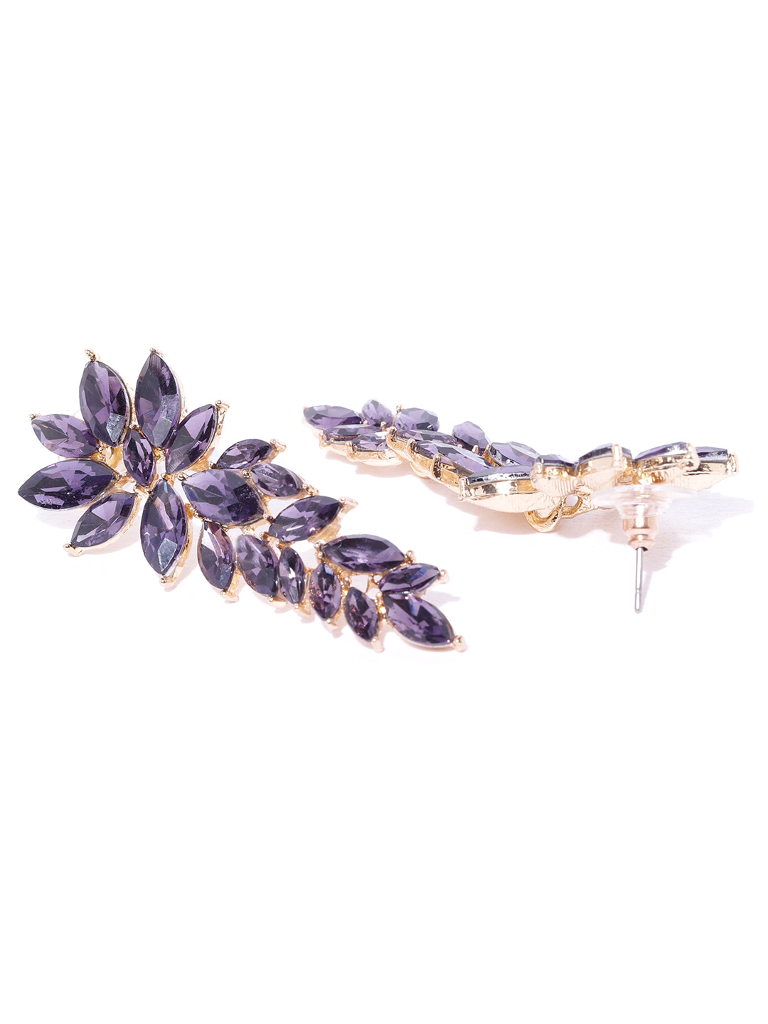 YouBella Purple Gold-Plated Stone-Studded Floral Drop Earrings