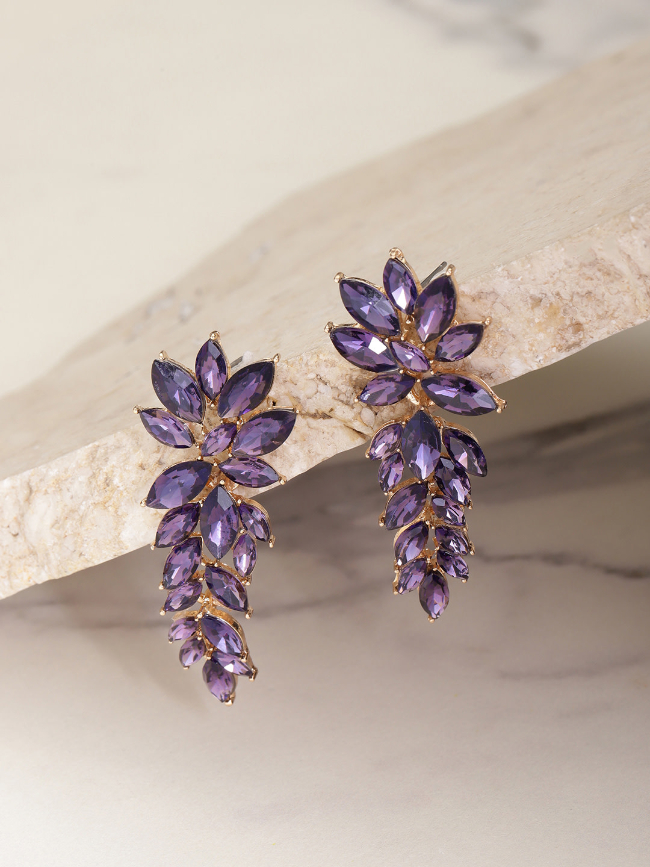 YouBella Purple Gold-Plated Stone-Studded Floral Drop Earrings