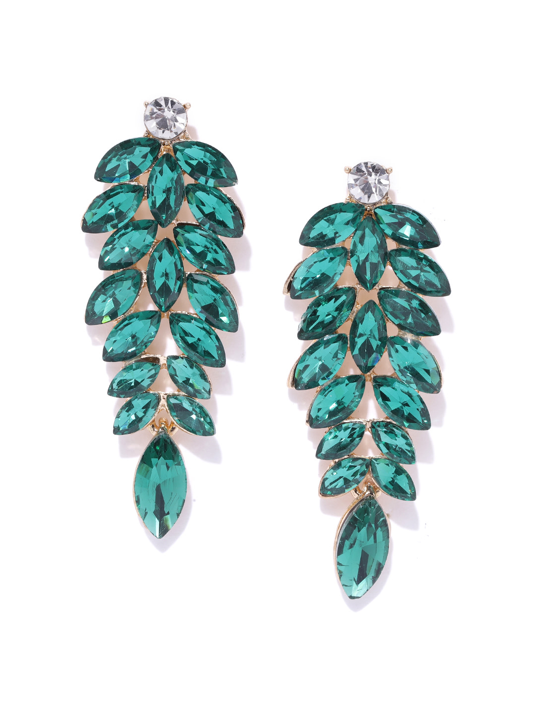 YouBella Green Gold-Plated Stone-Studded Leaf Shaped Drop Earrings