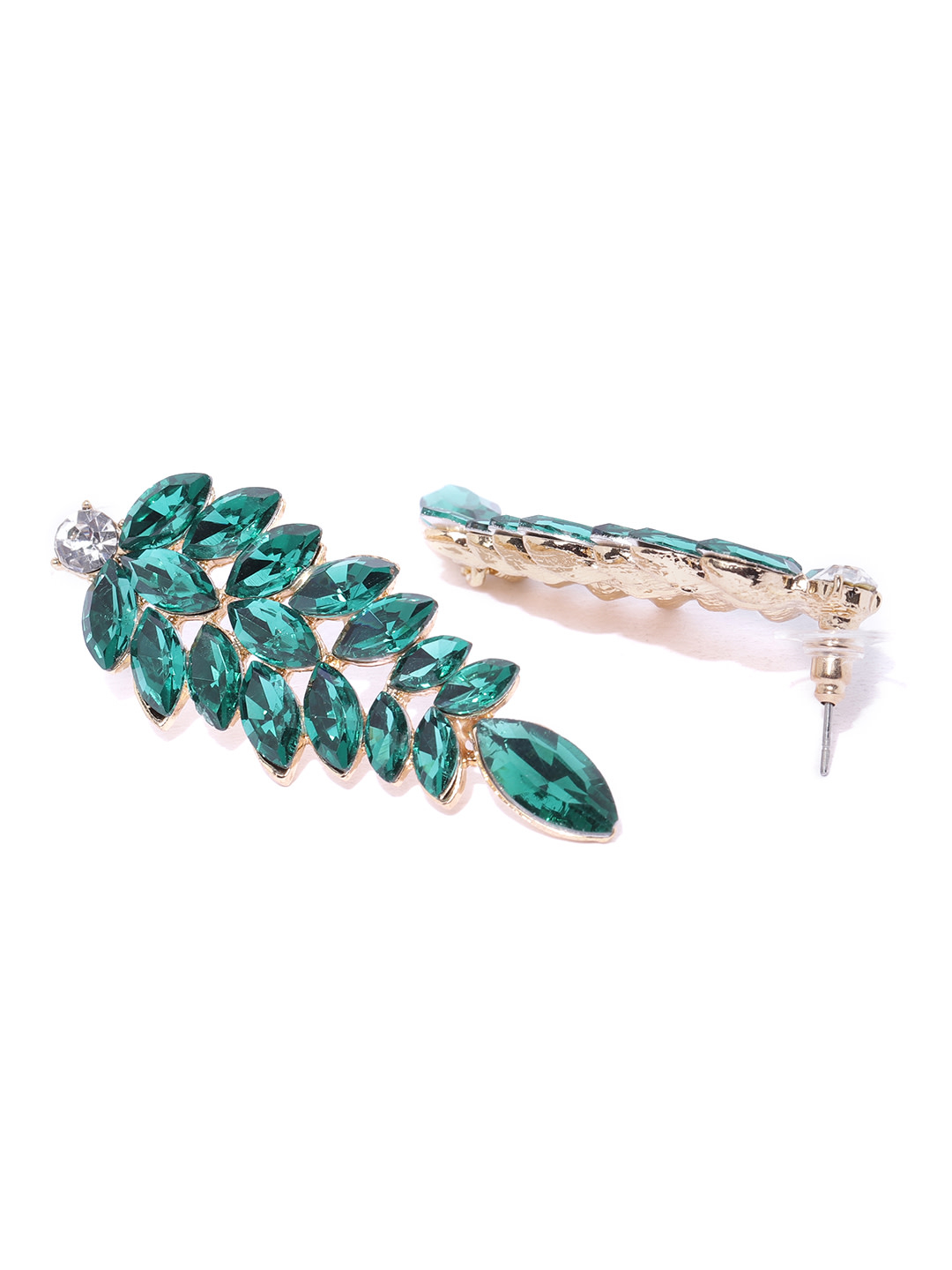 YouBella Green Gold-Plated Stone-Studded Leaf Shaped Drop Earrings