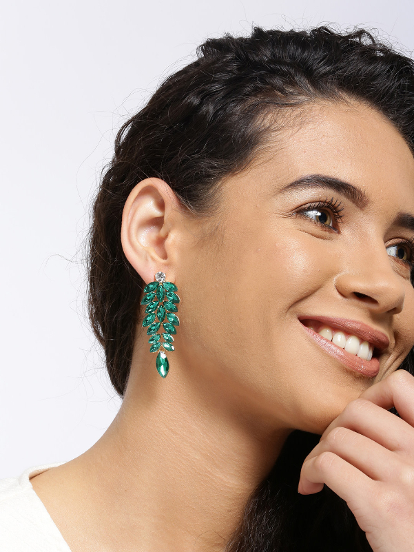 YouBella Green Gold-Plated Stone-Studded Leaf Shaped Drop Earrings
