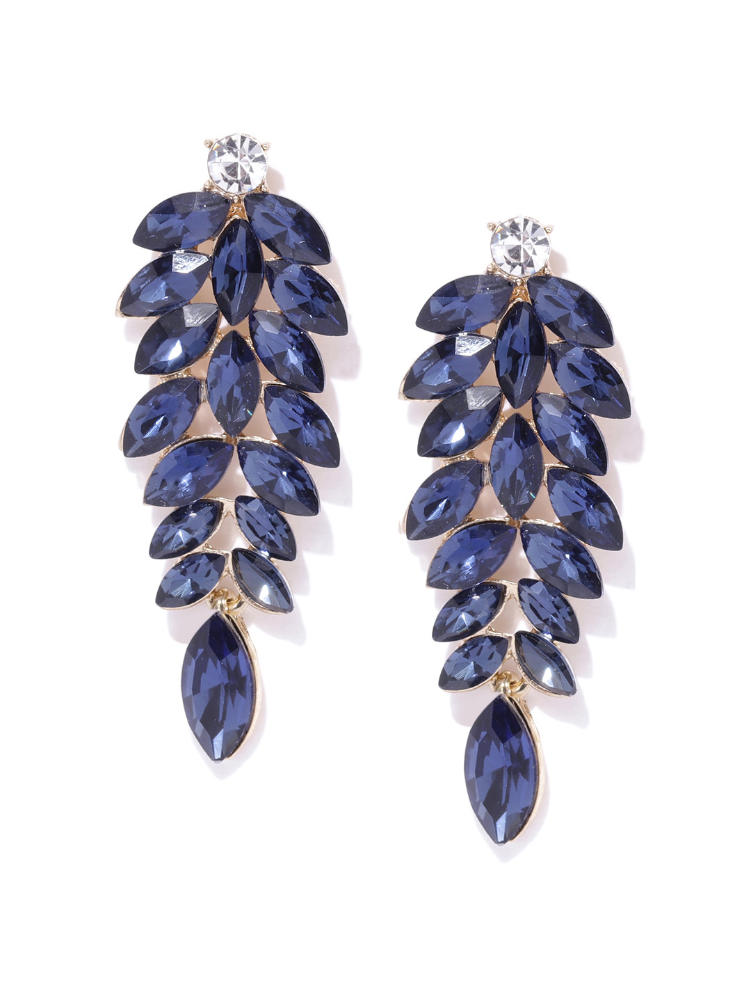 YouBella Navy Blue Gold-Plated Stone-Studded Leaf Shaped Drop Earrings