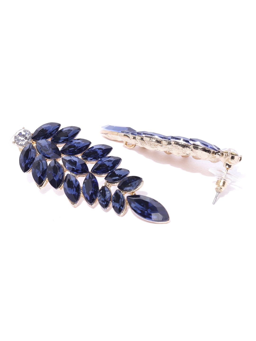 YouBella Navy Blue Gold-Plated Stone-Studded Leaf Shaped Drop Earrings