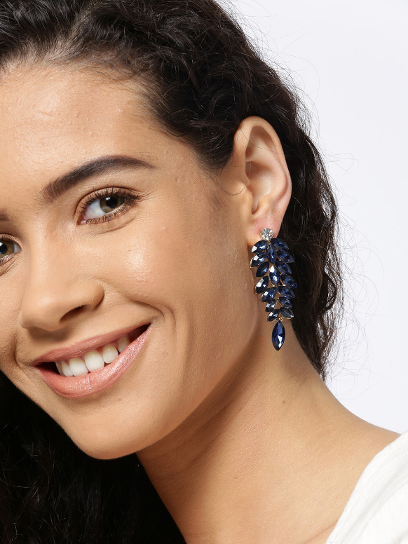 YouBella Navy Blue Gold-Plated Stone-Studded Leaf Shaped Drop Earrings