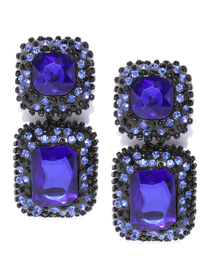 YouBella Blue  Black Stone-Studded Geometric Drop Earrings