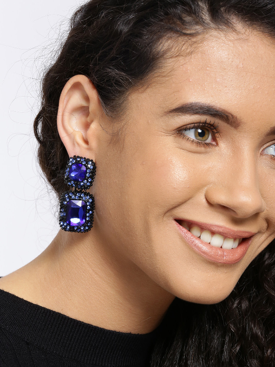 YouBella Blue  Black Stone-Studded Geometric Drop Earrings