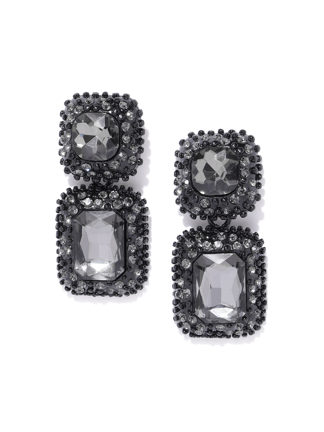 YouBella Black Stone-Studded Geometric Drop Earrings