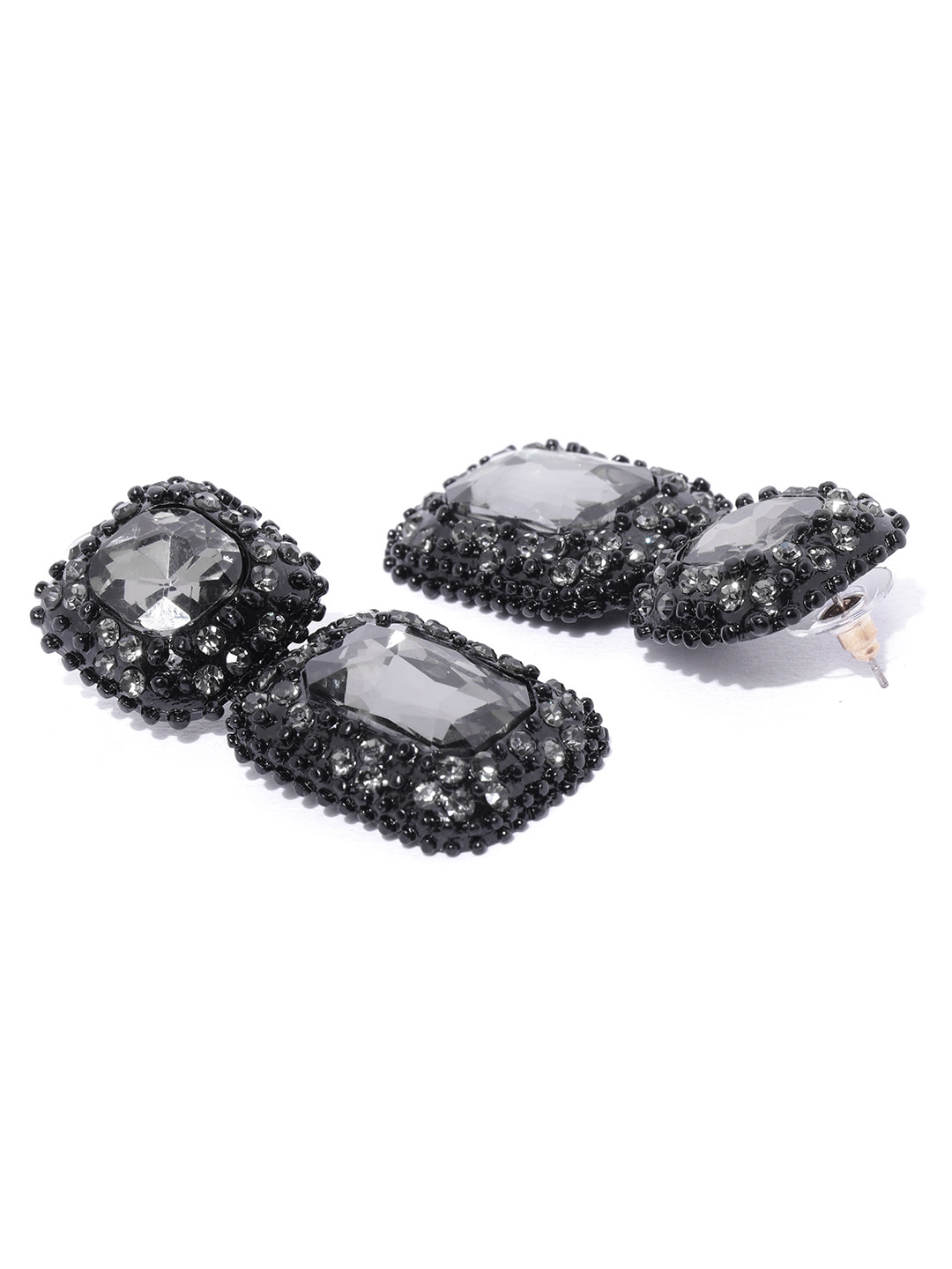 YouBella Black Stone-Studded Geometric Drop Earrings