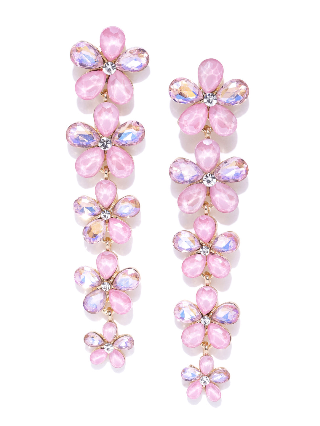 YouBella Pink Gold-Plated Floral Stone-Studded Drop Earrings