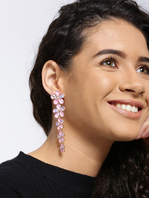 YouBella Pink Gold-Plated Floral Stone-Studded Drop Earrings
