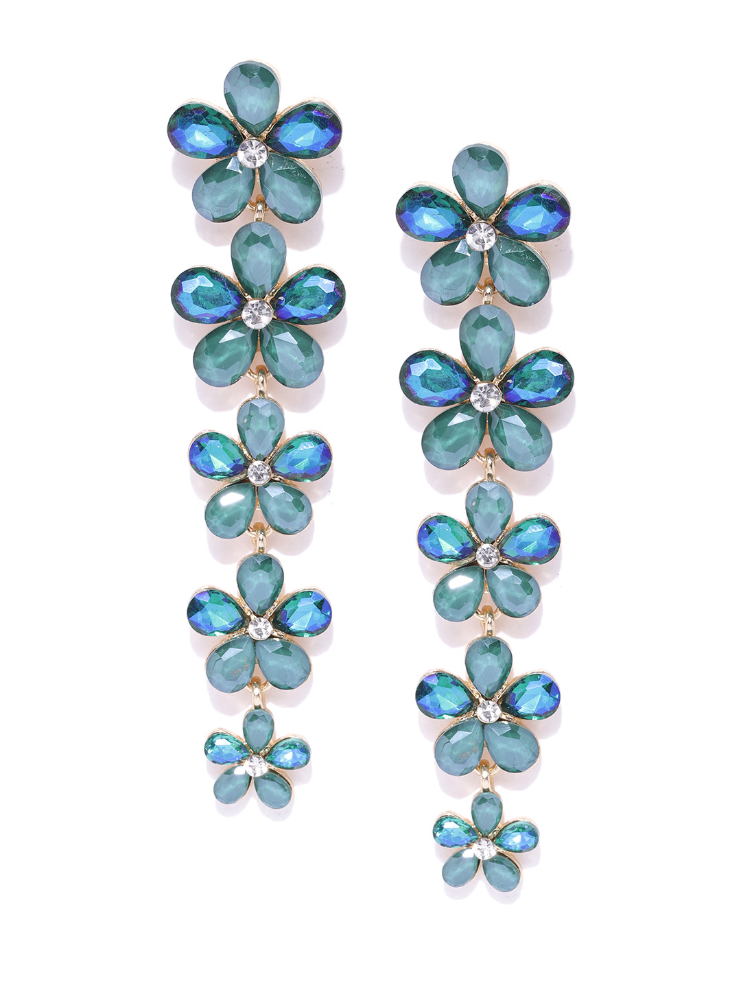 YouBella Green  Blue Gold-Plated Floral Stone-Studded Drop Earrings