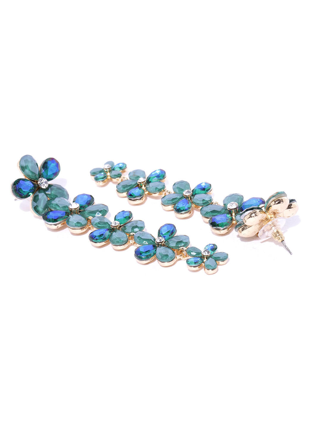 YouBella Green  Blue Gold-Plated Floral Stone-Studded Drop Earrings