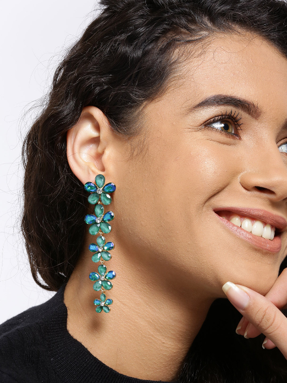 YouBella Green  Blue Gold-Plated Floral Stone-Studded Drop Earrings