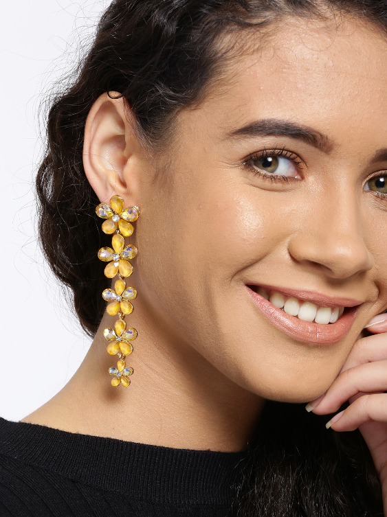 YouBella Yellow Gold-Plated Floral Stone-Studded Drop Earrings