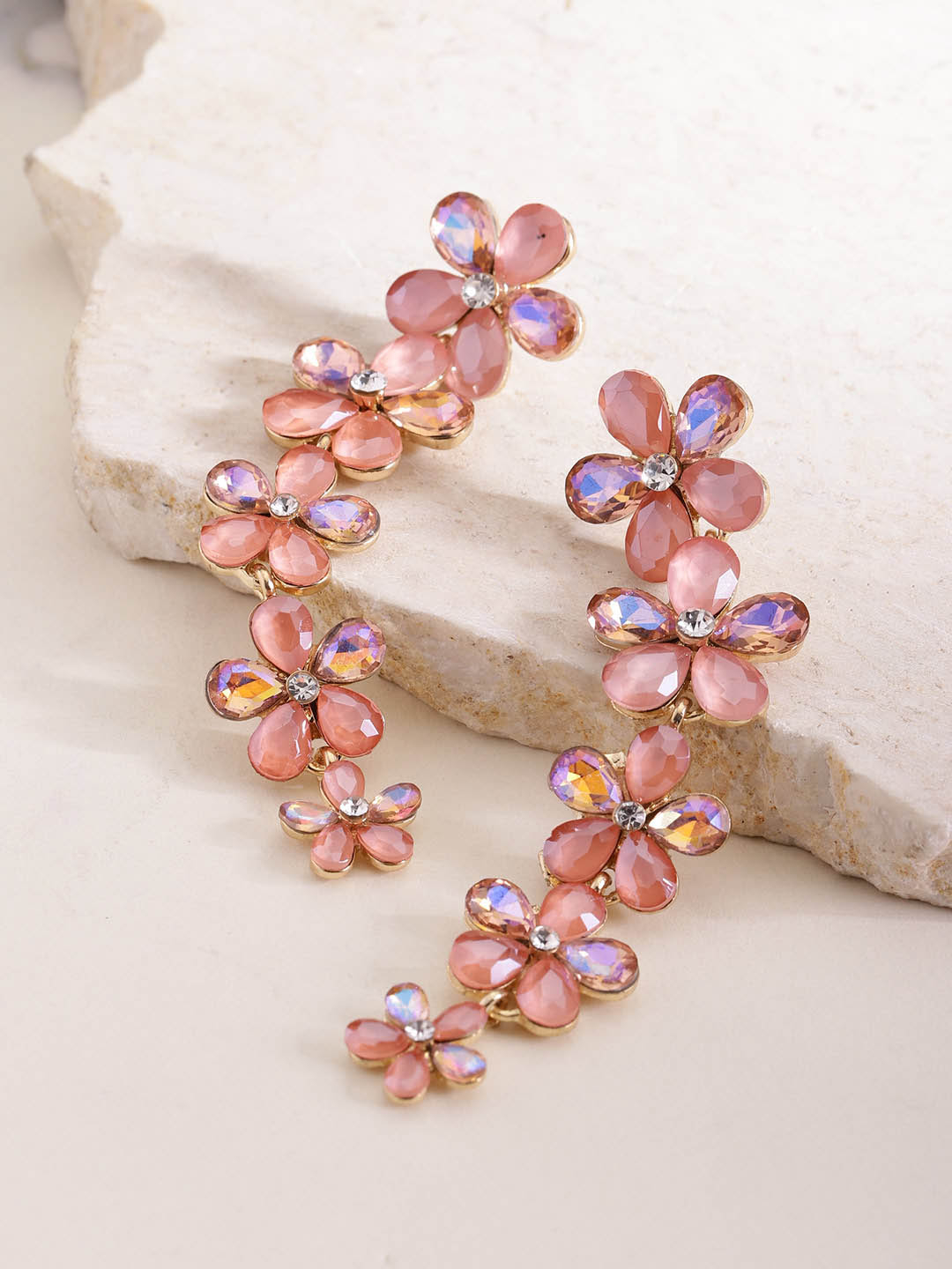 YouBella Peach-Coloured Gold-Plated Stone-Studded Floral Drop Earrings