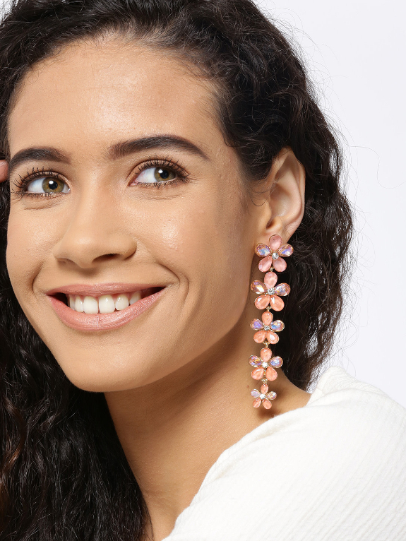 YouBella Peach-Coloured Gold-Plated Stone-Studded Floral Drop Earrings
