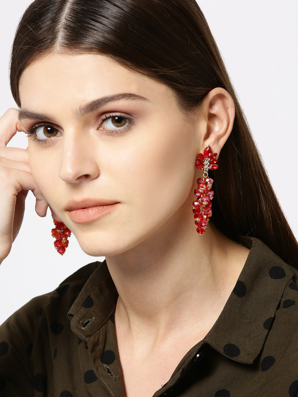 YouBella Red  Gold-Toned Contemporary Stone-Studded Drop Earrings