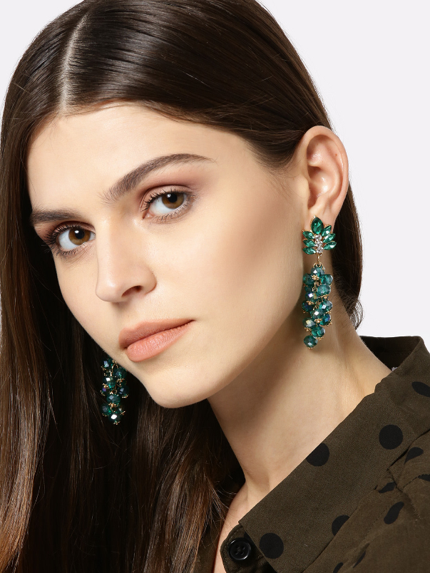YouBella Green  Gold-Toned Contemporary Stone-Studded Drop Earrings