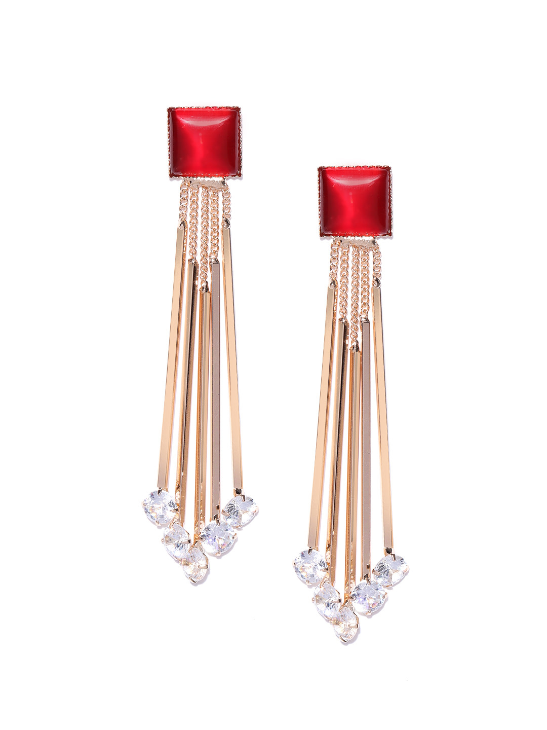 YouBella Red Gold-Plated Stone-Studded Tasselled Square Drop Earrings