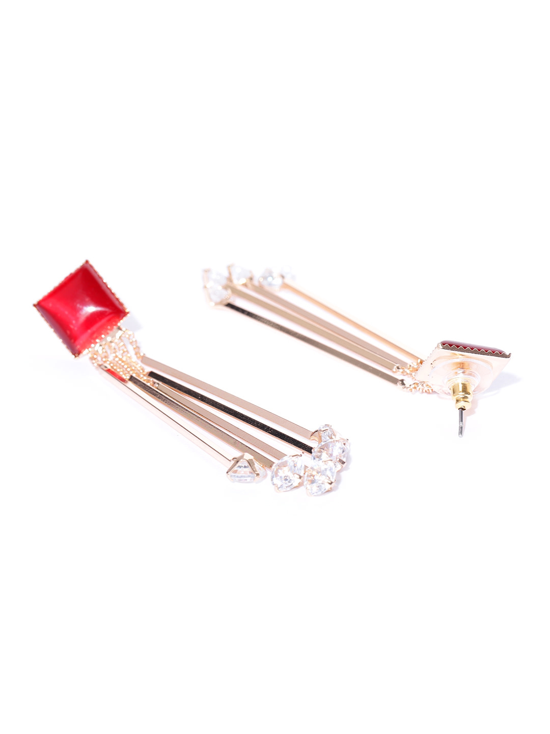 YouBella Red Gold-Plated Stone-Studded Tasselled Square Drop Earrings