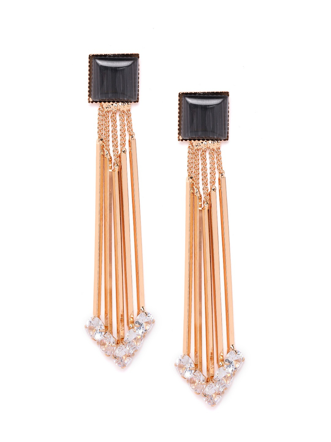 YouBella Black Gold-Plated Stone-Studded Contemporary Drop Earrings