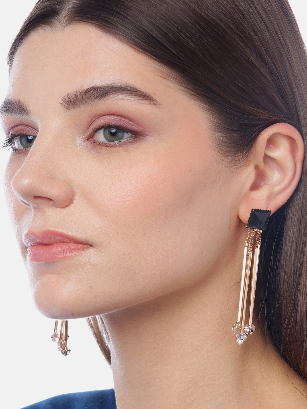 YouBella Black Gold-Plated Stone-Studded Contemporary Drop Earrings