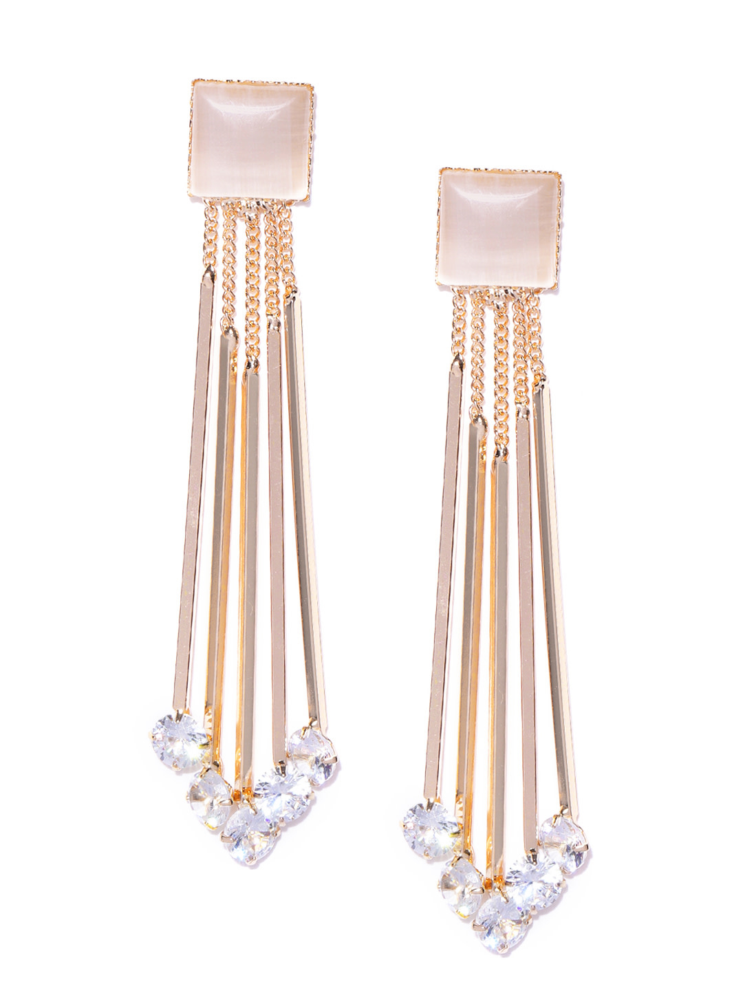 YouBella Off-White Gold-Plated Tasselled Stone Studded Geometric Drop Earrings