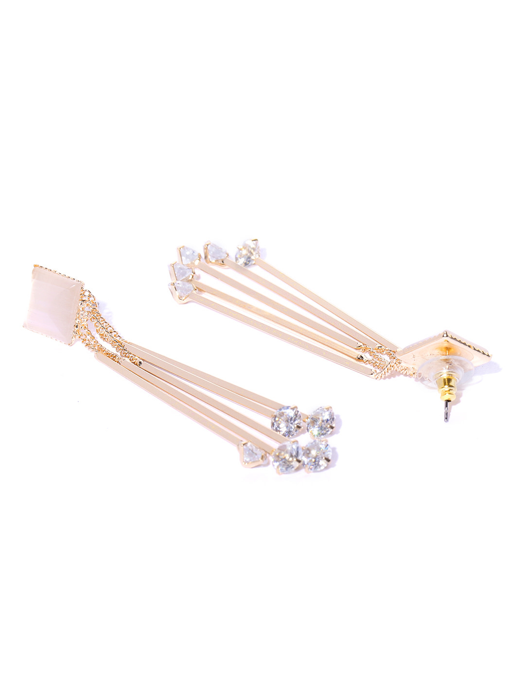 YouBella Off-White Gold-Plated Tasselled Stone Studded Geometric Drop Earrings