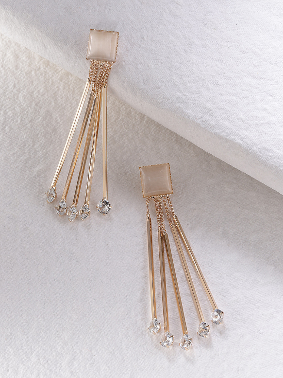 YouBella Off-White Gold-Plated Tasselled Stone Studded Geometric Drop Earrings