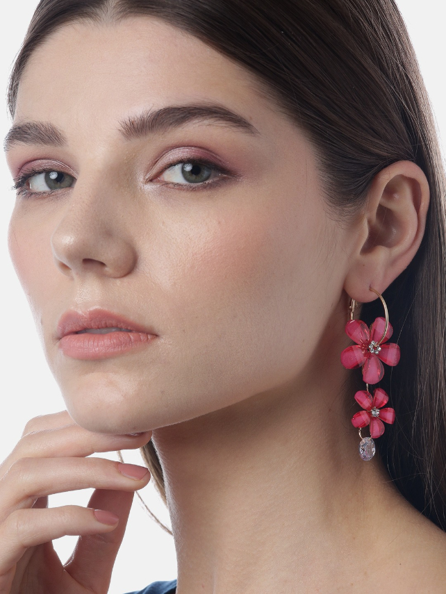 YouBella Pink Gold-Plated Stone-Studded Floral Shaped Drop Earrings