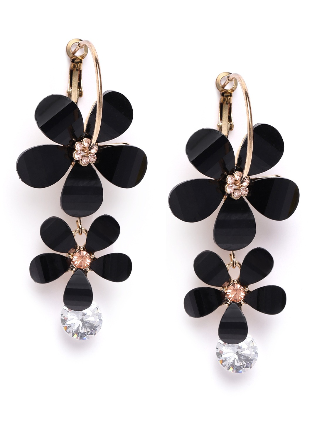 YouBella Black Gold-Plated Stone Studded Floral Hoop Earrings