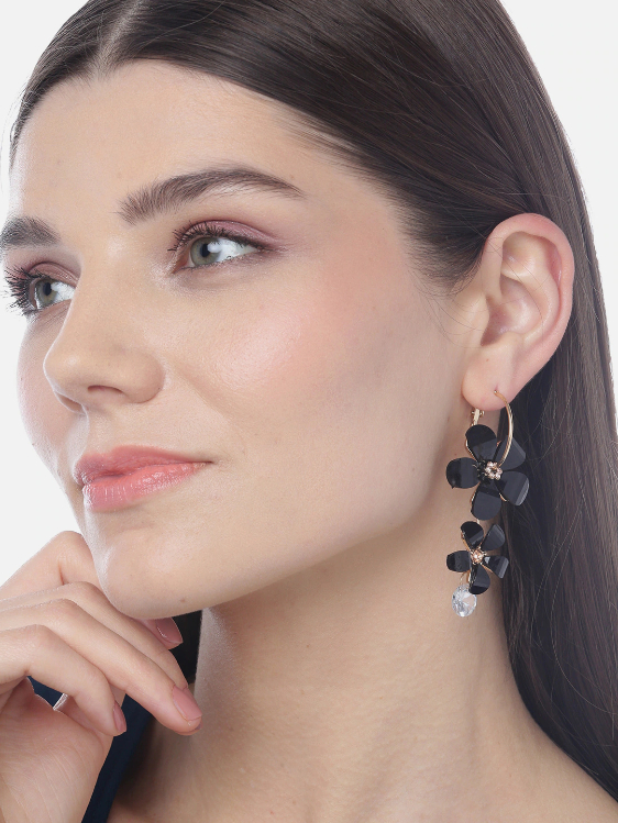 YouBella Black Gold-Plated Stone Studded Floral Hoop Earrings