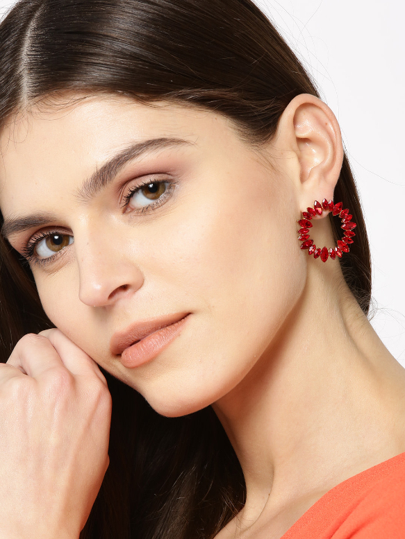 YouBella Red  Gold-Toned Stone-Studded Circular Drop Earrings