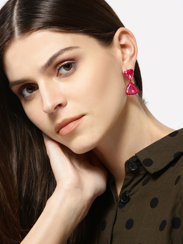 YouBella Pink Stone Studded Triangular Drop Earrings