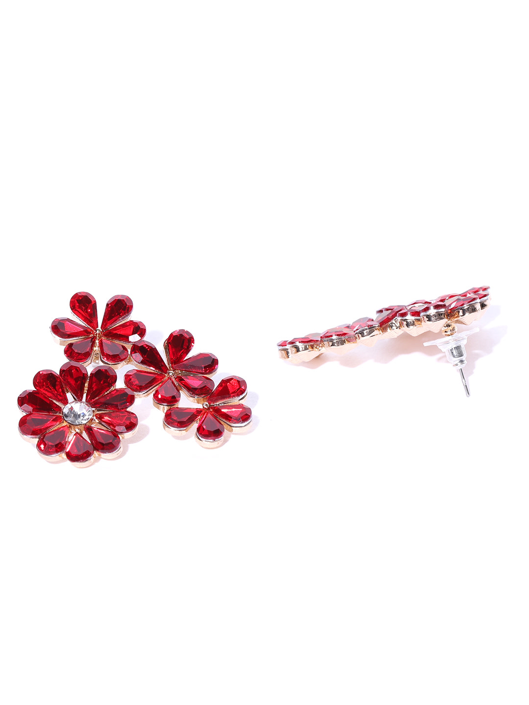 YouBella Red  Gold-Toned Stone-Studded Floral Drop Earrings