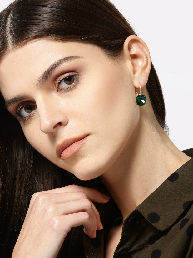 YouBella Green Gold-Plated Stone Studded Square Drop Earrings