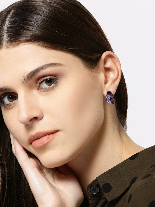 YouBella Purple  Gunmetal-Toned Stone-Studded Mismatch Contemporary Studs
