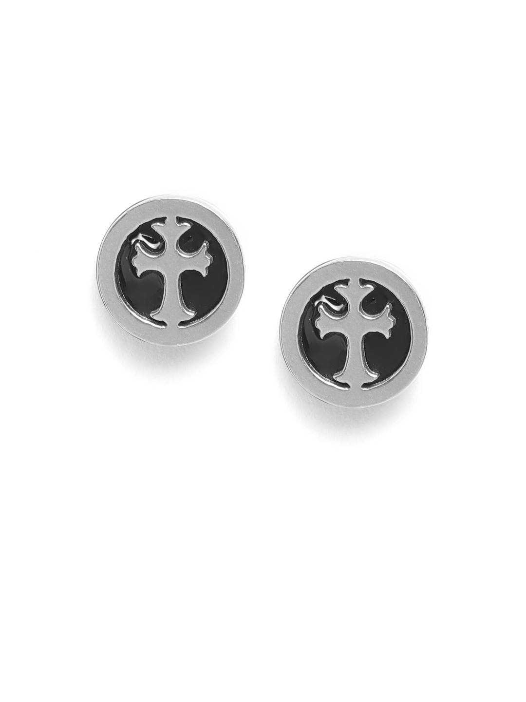 YouBella Men Silver-Toned  Black Cross Patterned Circular Studs