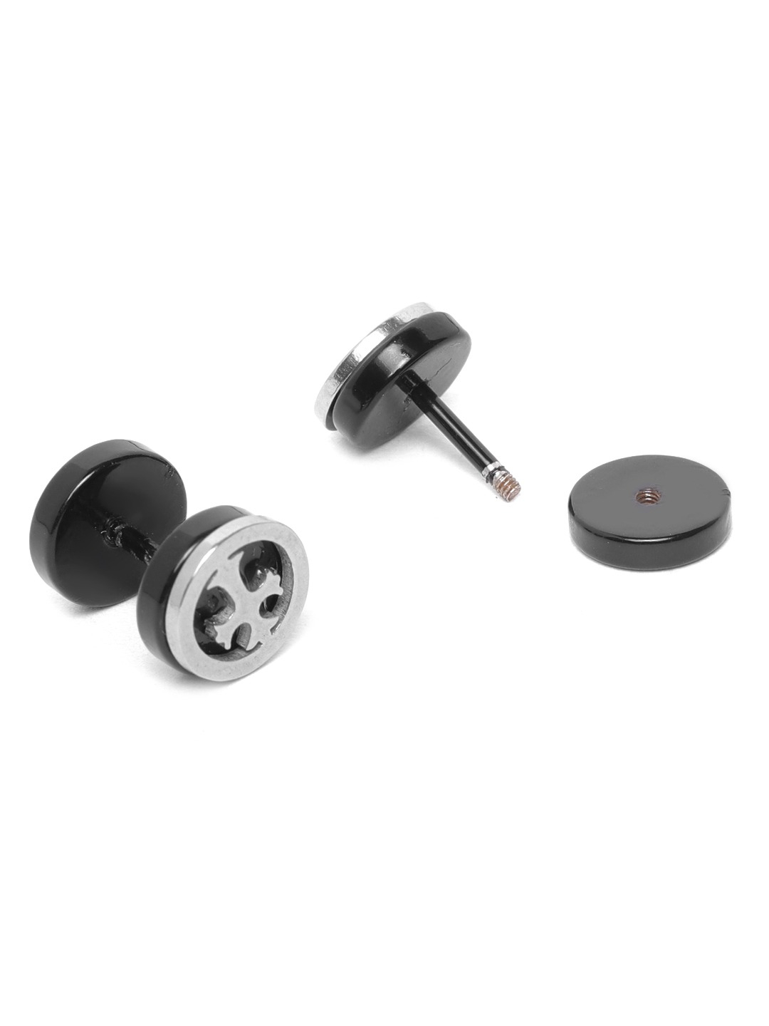 YouBella Men Silver-Toned  Black Cross Patterned Circular Studs