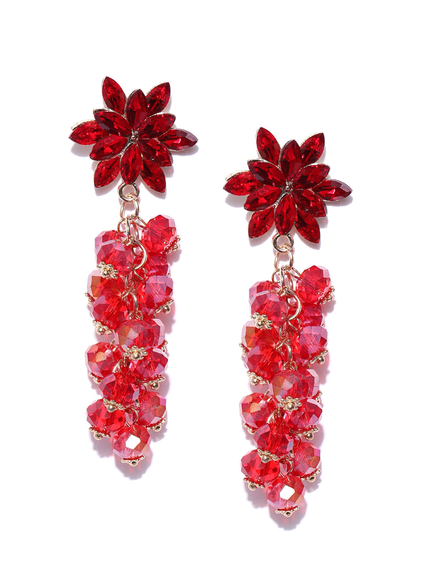 YouBella Red  Gold-Toned Stone-Studded  Beaded Floral Drop Earrings