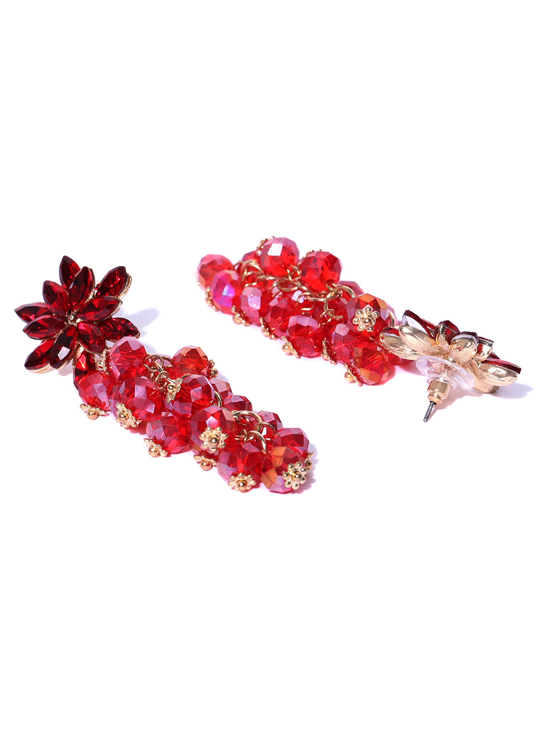 YouBella Red  Gold-Toned Stone-Studded  Beaded Floral Drop Earrings