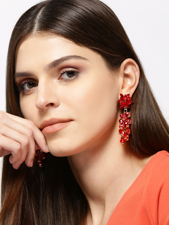YouBella Red  Gold-Toned Stone-Studded  Beaded Floral Drop Earrings