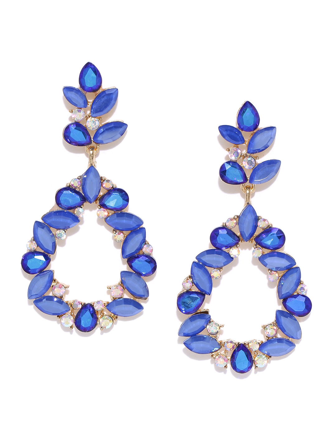 YouBella Blue Gold-Plated Teardrop-Shaped Stone-Studded Drop Earrings
