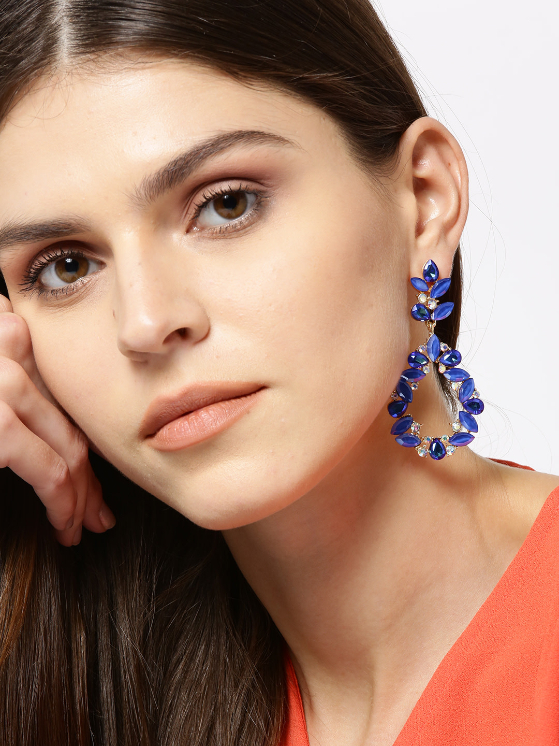 YouBella Blue Gold-Plated Teardrop-Shaped Stone-Studded Drop Earrings