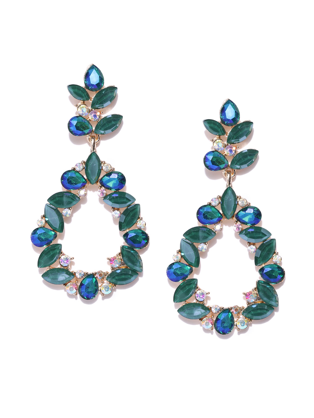 YouBella Green Gold-Plated Teardrop Shaped Drop Earrings