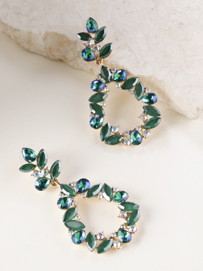 YouBella Green Gold-Plated Teardrop Shaped Drop Earrings