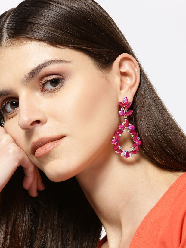 YouBella Pink Gold-Plated Teardrop Shaped Drop Earrings