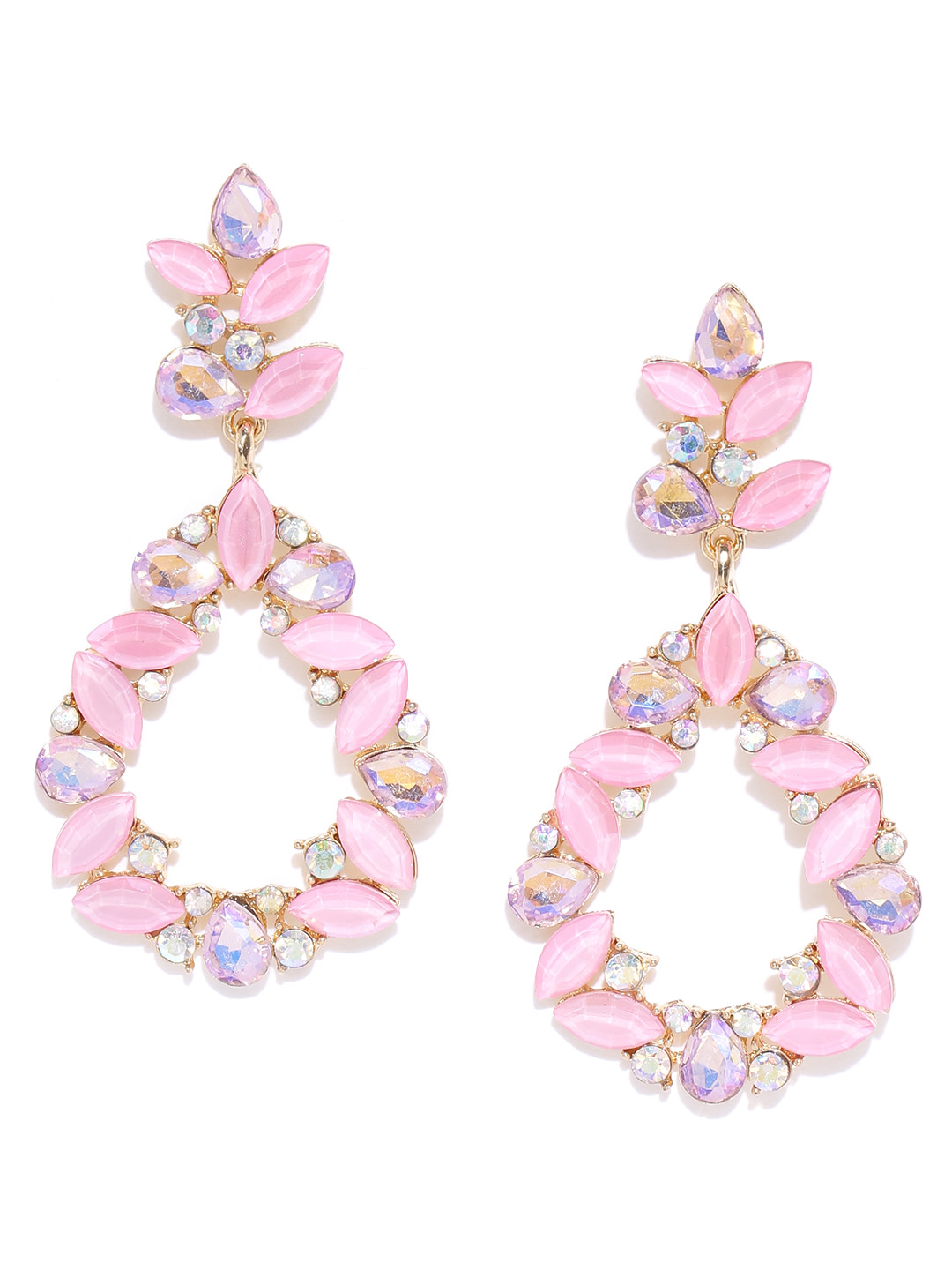 YouBella Pink Gold-Plated Teardrop-Shaped Stone-Studded Drop Earrings