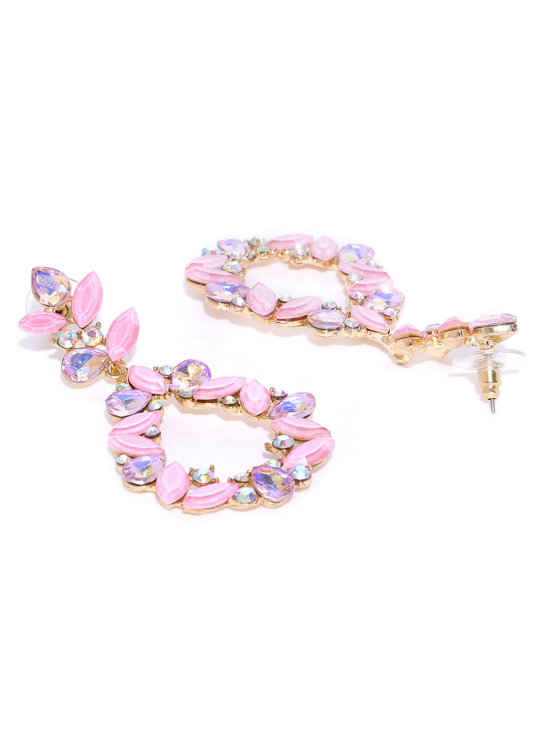 YouBella Pink Gold-Plated Teardrop-Shaped Stone-Studded Drop Earrings