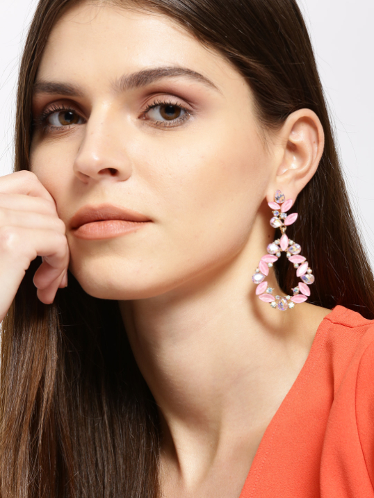 YouBella Pink Gold-Plated Teardrop-Shaped Stone-Studded Drop Earrings